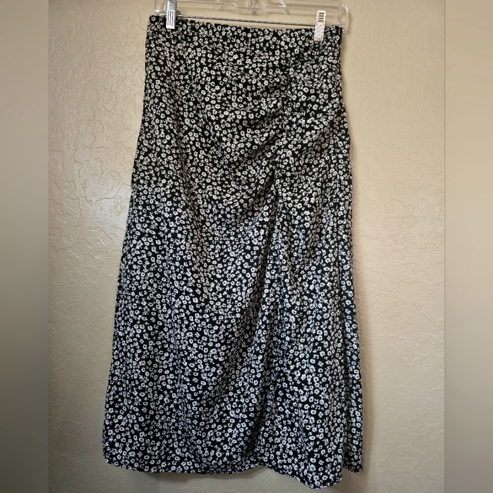 Floral Ruched Side Slit Midi Skirt